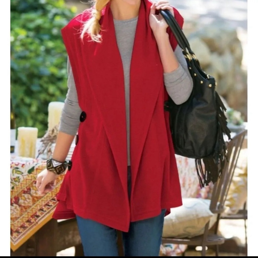 Soft Surroundings Womens M Mesa Button Vest Red Sleeveless Open Front Cardigan